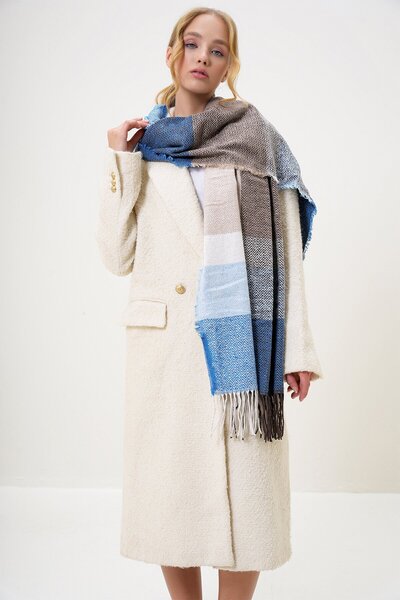VAGGON Coffee-Blue Wool Blend Color Block Shawl