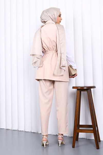 İmajButik Beige Elastic Waist Vest and Pants Set