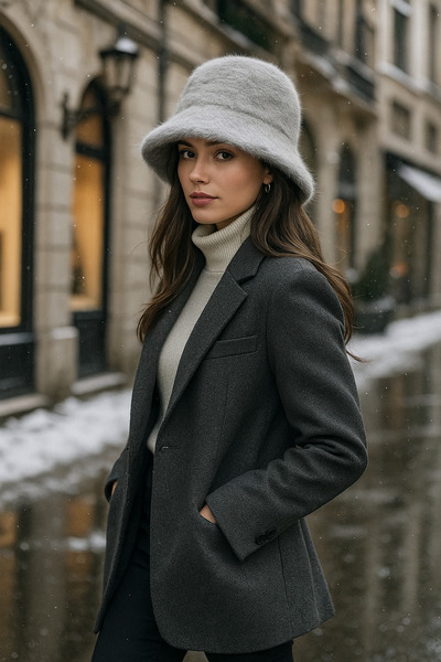 Luminos Butik قبعة دلو نسائية من الصوف الرمادي SPK1147