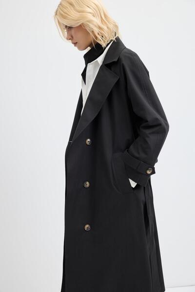 KADRİYE BAŞTÜRK Μαύρο μακρύ παλτό με διπλό γιακά με επένδυση