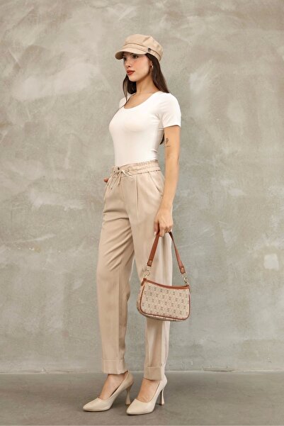 lodmela Tie Detailed Elastic Waist Fabric Trousers 6171-Mink