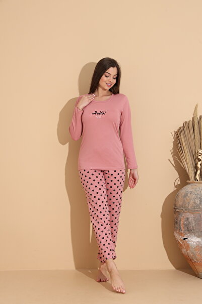 Serena Women's pink pajamas with "HELLO" print and long polka dot pants - 100% cotton
