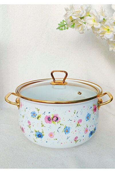 EBRULİEMAYE Pink Flower Enamel Lux Enamel Pot 5 Liters 24 cm Diameter Milk Yogurt Soup Pot