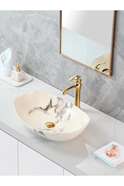 yediyapı Mermer Desenli Tezgah Üstü Seramik Çanak Lavabo Banyo Lavabosu