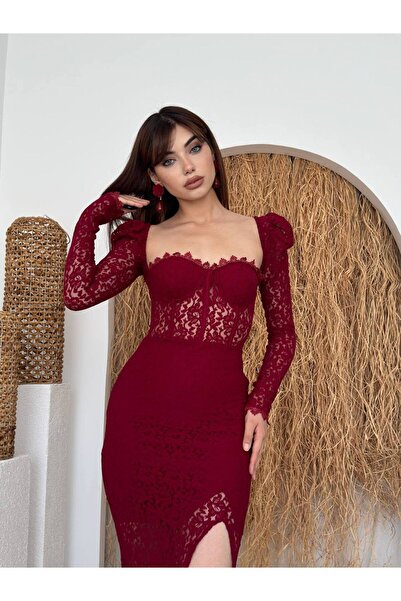ETİKAFASHION Kalp Yaka Dantel Yırtmaçlı Uzun Kol Kadın Elbise