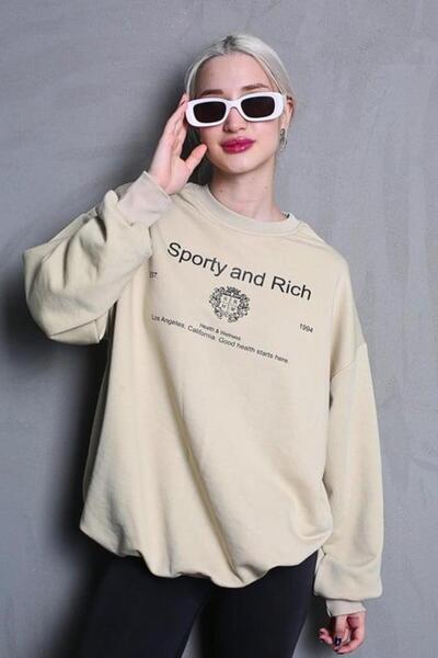 Seeh Bej guler rotund cu imprimeu supradimensionat Femei Swea tricou SH310