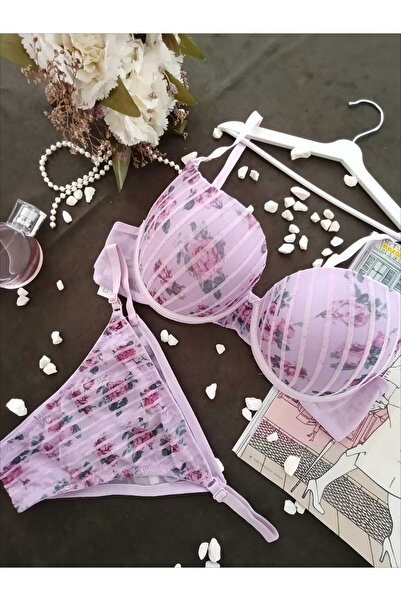 womensWorld1 SET DE SUTEN DE CULOARE PUDRĂ CU MODEL DE FLORI SILVERY