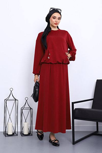 İmajButik Burgundy Pocketed Blouse Skirt Set