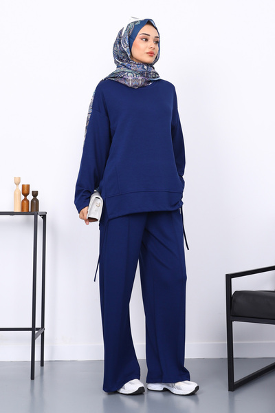 İmajButik Синій комплект з тунікою з модалу та брюками з деталями спереду