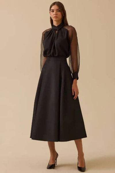 SEÇİL Women's Taffeta Fabric High Waist Stylish Flared Skirt - Black