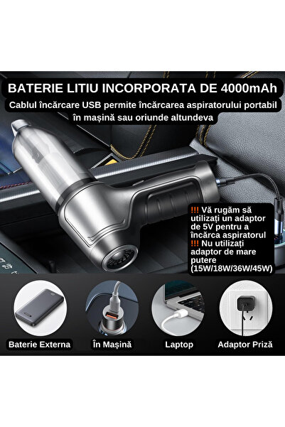 Prime Goodies Portable vacuum cleaner, 4000 mAh battery, 120W, 12000 Pa, HEPA filter, Vacuum function