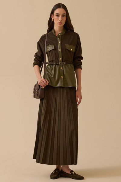 SEÇİL Women's Elastic Waist Pleated Suede Look Maxi Skirt - Khaki