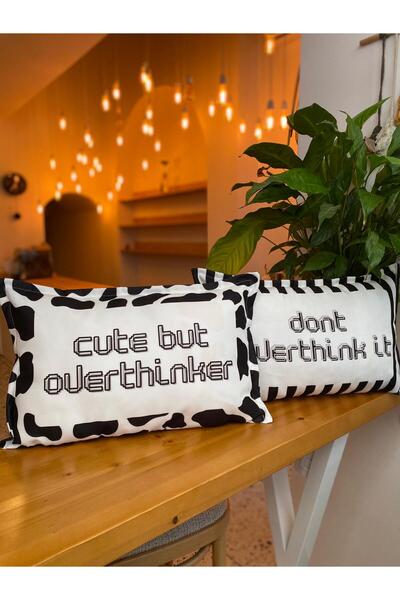 RahanDesign Cute but Overthinker - Don'T Overthink It Written Black and White 2-Piece Suede Throw Pillow Cover Set - 30X50Cm
