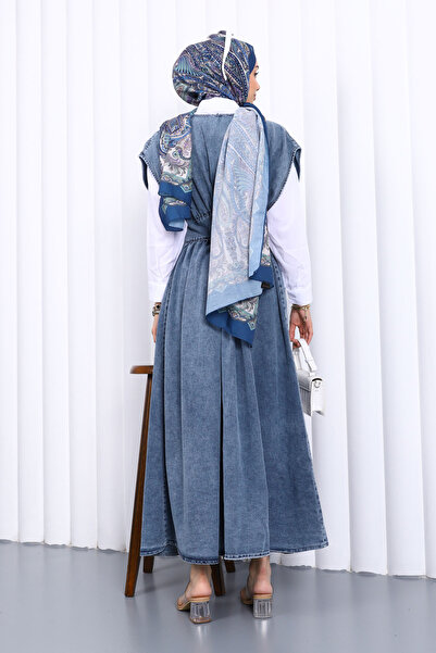 İmajButik Μπλε τζιν φόρεμα με διπλό γιακά με κουμπιά