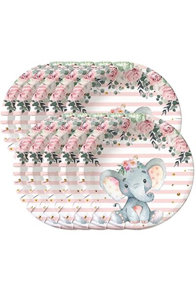 Flippy Set 10 Farfurii Unica Folosinta, Flippy, Imprimeu Elefant, din Carton, 17 cm, Roz
