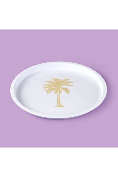 Sarkap Palm Desenli Yuvarlak Tepsi - Krem / Kahverengi - 24x24 cm