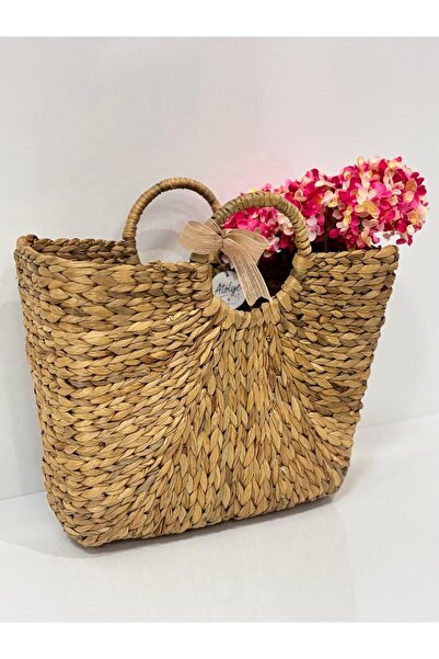 Atölye Artı 1 Su Sümbüllü Hasır Sepet / Dekoratif Kulplu Sepet