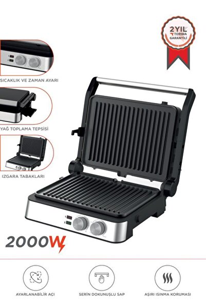 Torima Tg-Pro300 Black-Silver 2000W Stainless Steel Toast Grill Machine Removable Plate
