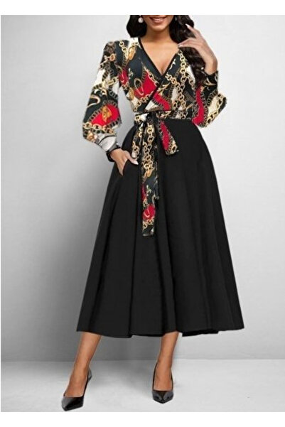 JANES Kadın Uzun Kollu Kruvaze Yaka Dalgıç Krep Midi Boy Elbise