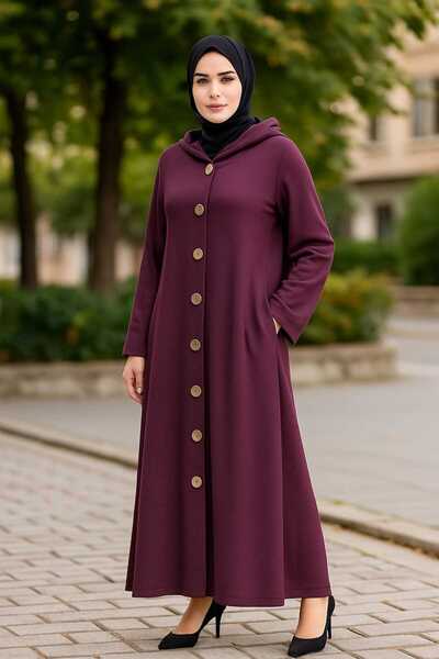 Şans Women's Plus Size Purple, Hooded, Side Pockets Front Button Long Cap 65N39146
