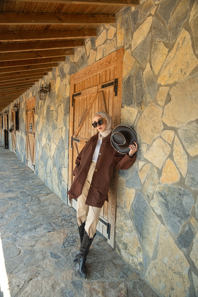 LOCCO Kadın Cep Detay Pelerinli Ceket Kahverengi