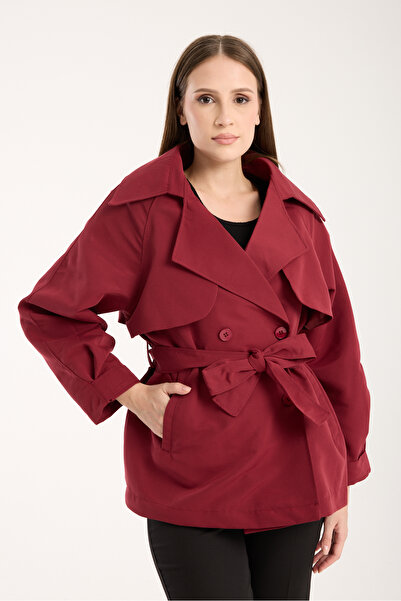MODAMERSİ Women's Burgundy Aller Detailed Lined Short Trench Coat