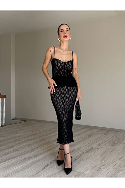 YK FASHION Dantelli Kat Detaylı Elbise