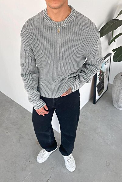 HAFKAGİYİM Gray acid wash ribbed oversize knitwear sweater