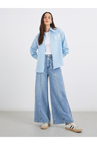 Styli Blue Printed Chest Pocket Zipped Oversized Shirt