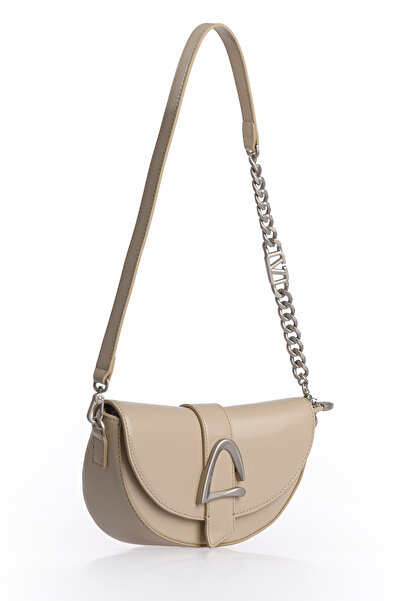 Levidor Asymmetrical Design, Chain and Logo Detailed Stylish Women's Shoulder Bag 930373 Beige
