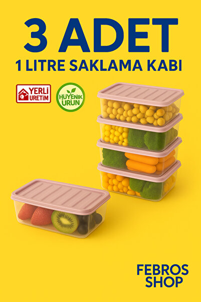 Febros مجموعة من 3 حاويات تخزين للثلاجة سعة 1 لتر، حاوية بلاستيكية وردية للطع...