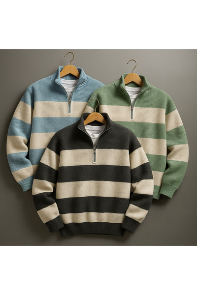 cheen 3-Piece Striped Half-Zip Knit Sweater