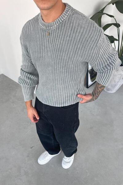 HAFKAGİYİM Gray acid wash ribbed oversize knitwear sweater