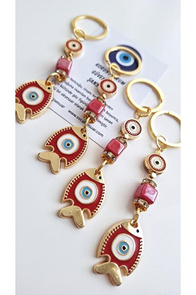 Svc Aksesuar Gift Evil Eye Beaded Lucky Fish Keychain - Red 10 cm