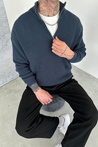 HAFKAGİYİM Petrol Half-Zip High Neck Knit Sweater