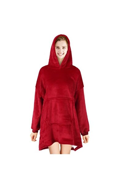 Flippy Blanket with Sleeves, Hood and Front Pocket, Lined Padded Polyester, One Size, Red