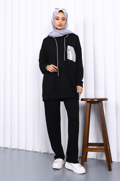 İmajButik Set de pantaloni cu tunica modal cu dantelă cu guler negru