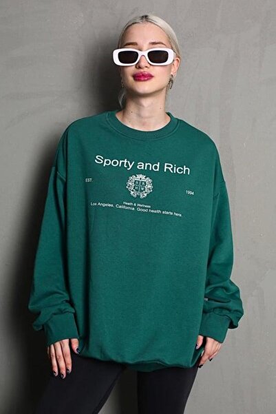 Seeh Dark Green Crew Neck Printed Oversize Women's Sweatshirt Sh310