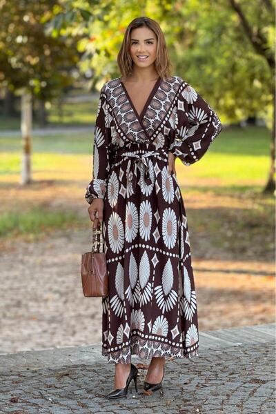 Nevin Kaya Moda Кафява рокля с бохо мотиви и кръстосано деколте