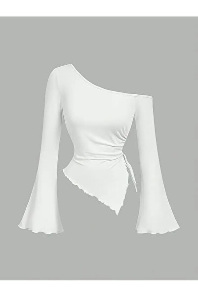 MOONBULL Women's Asymmetrical Cut Side Gathered Winter Long Spanish Sleeve Buz