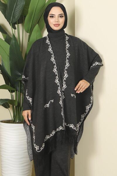 hafsamina Chain Pattern Paneled Triple Knitwear Set Anthracite Hm2815
