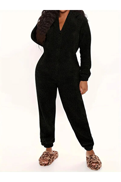 pazarella Kadın Uzun Kollu Kapüşonlu Tavşan Kulak Detaylı Peluş Tulum