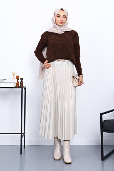 İmajButik Καφέ πουλόβερ με λαιμόκοψη Angora Yumoş πλεκτό πουλόβερ