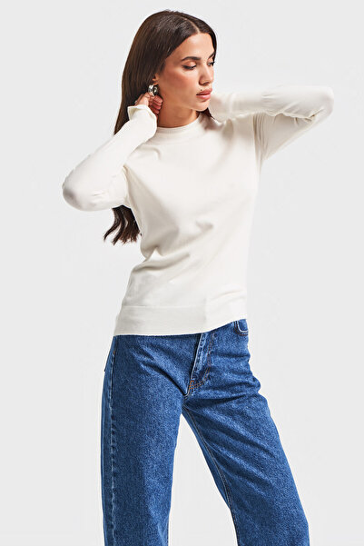 its basic Women's Ecru Color W5-101 Knitted Knitwear Fabric Crew Neck Sleeve Accessory Knitwear