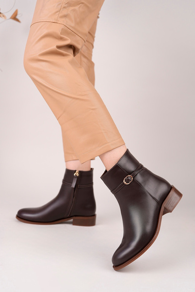 NOSEY SHOES Nancy Model Genuine Leather Brown Thick Heel Side Zipper Buckle Daily Women's Boots