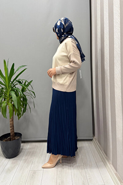 Sentez Chiffon Wrinkle Skirt Navy Blue 5432