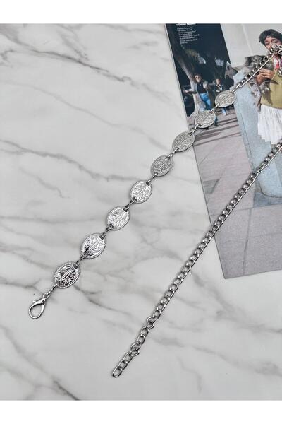 Descoin Patterned Silver Women's Belt, Waist Belt, Chain Belt, Trouser Belt.