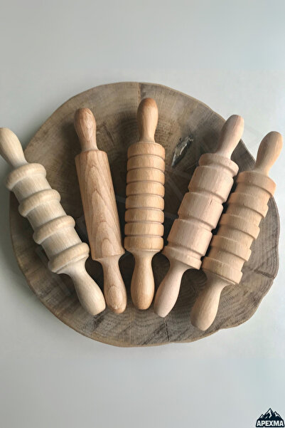 Apexma Oyuncak Ahşap 5'li Mini Merdane Seti - Ahşap Oyuncak Oyun Hamuru Merda...