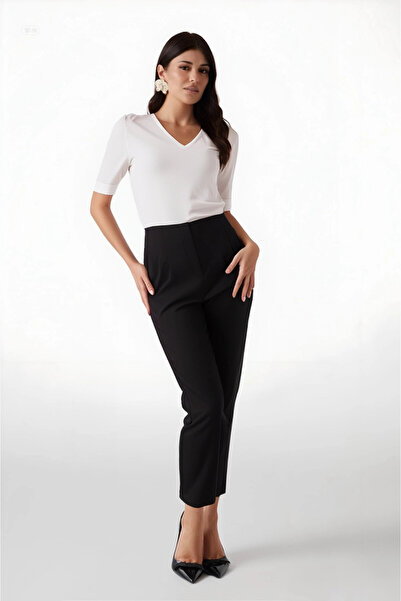 hazelin Women's Black Zipper Closure High Waist Fabric Pants Hzl25W-Bd166501