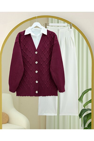Modamorfo V-Neck Large Button Patterned Knitwear Cardigan - Burgundy